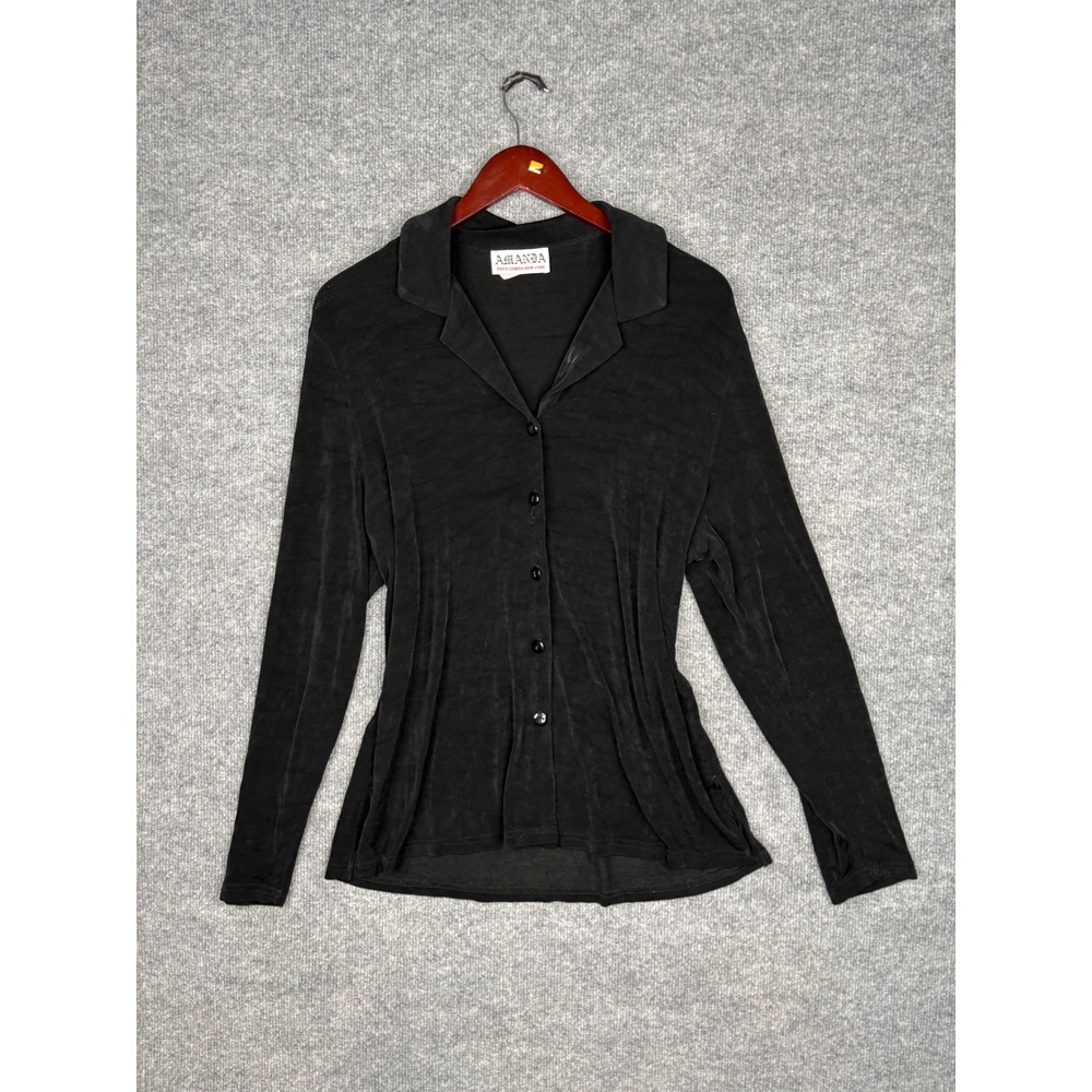 Amanda Paris London New York Black Textured Button Down Top Vintage Large
